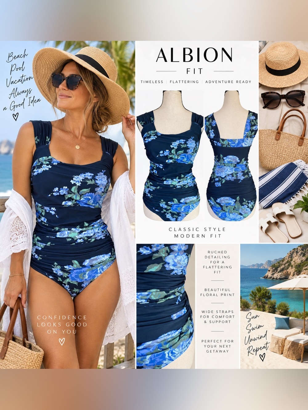 Albion Fit S Navy Blue Floral Ruched One Piece Swimsuit Sweetheart
